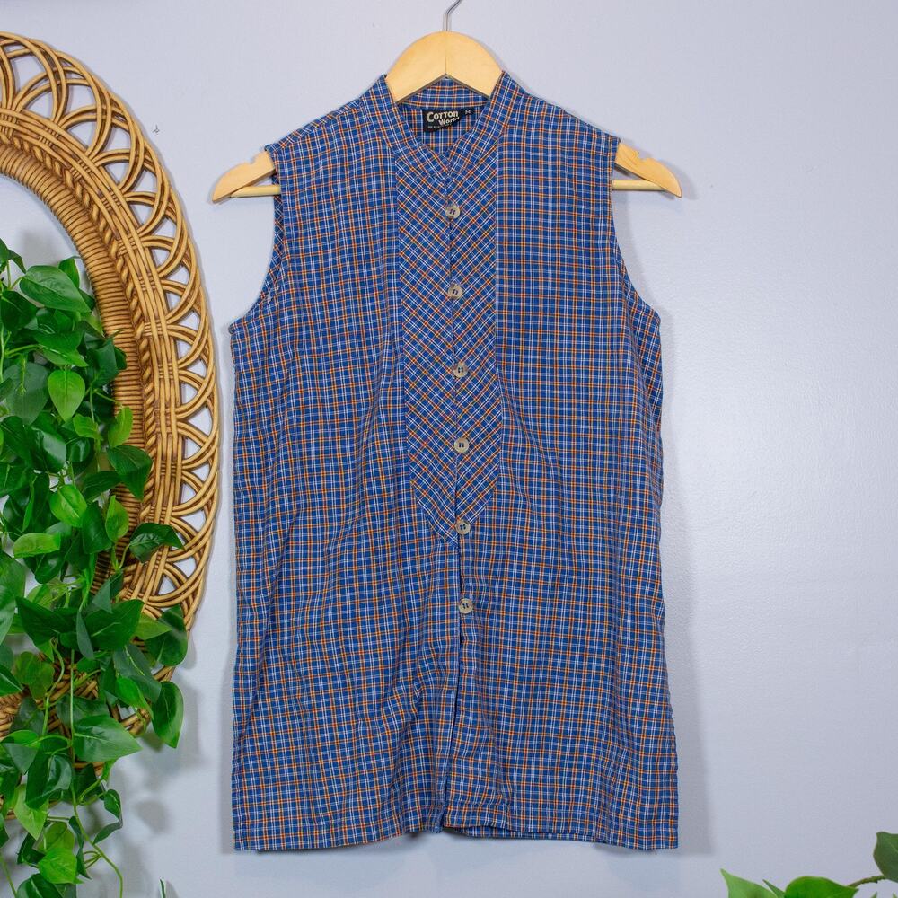 VTG Cotton World Plaid Sleeveless Tunic Mandarin Collar Boho Earthy Soft Autumn